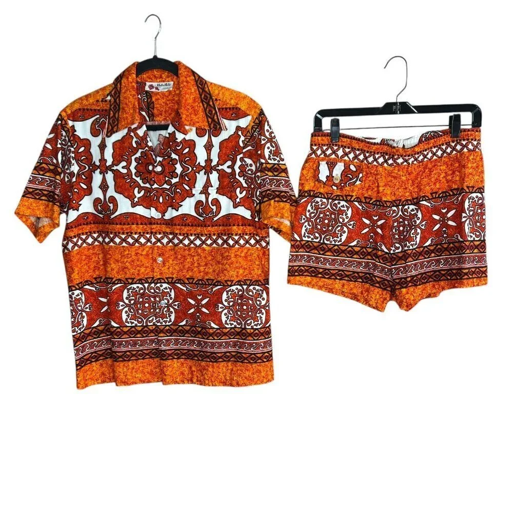 Holo Holo Vintage 70s Barkcloth Men's Swim Orange Tapa Print Shirt and Shorts